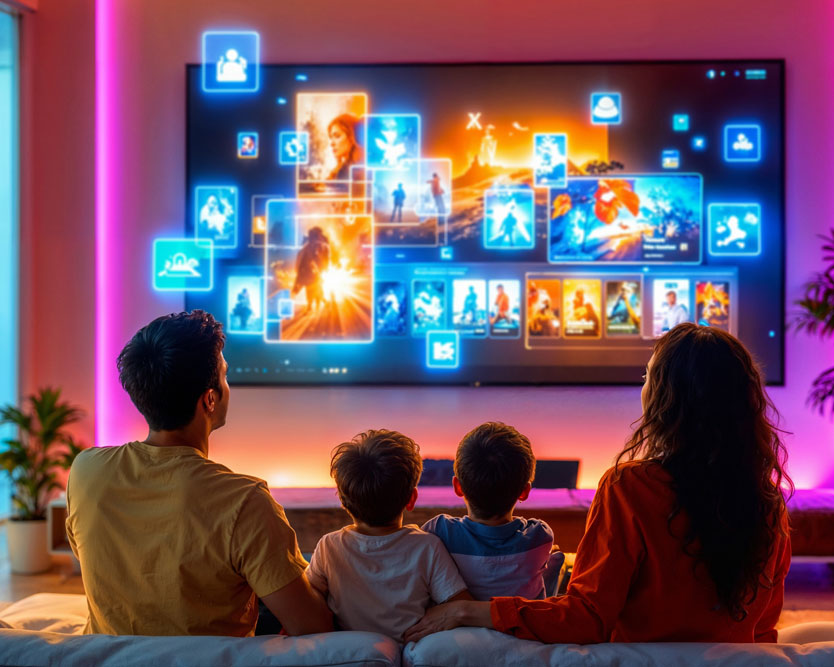 Woman eating popcorn at home on couch and watching movie